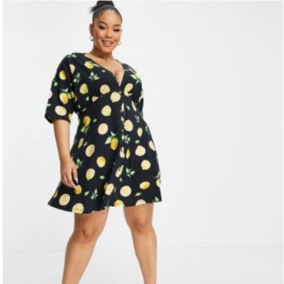 NEW ASOS plus-size black mini dress with lemon print - Picture 1 of 5
